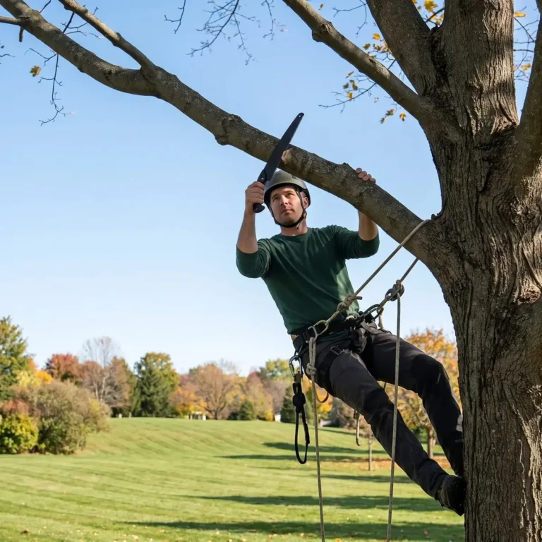 Climbing arborist in the canopy