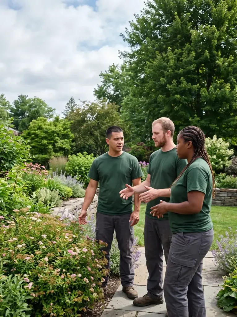 Two crew members discussing a planting plan on site
