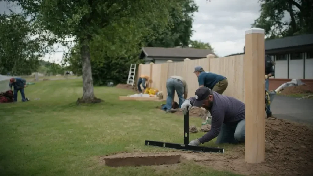 Crew setting fence posts and panels along a boundary