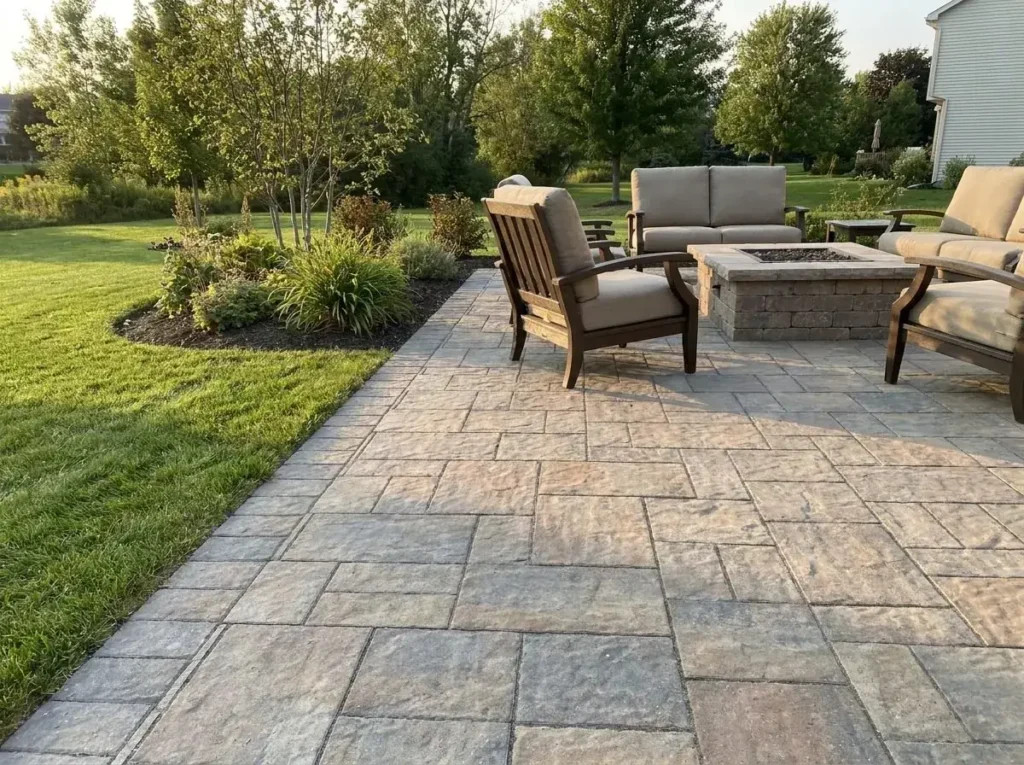 Paver patio with a built-in fire pit and seating