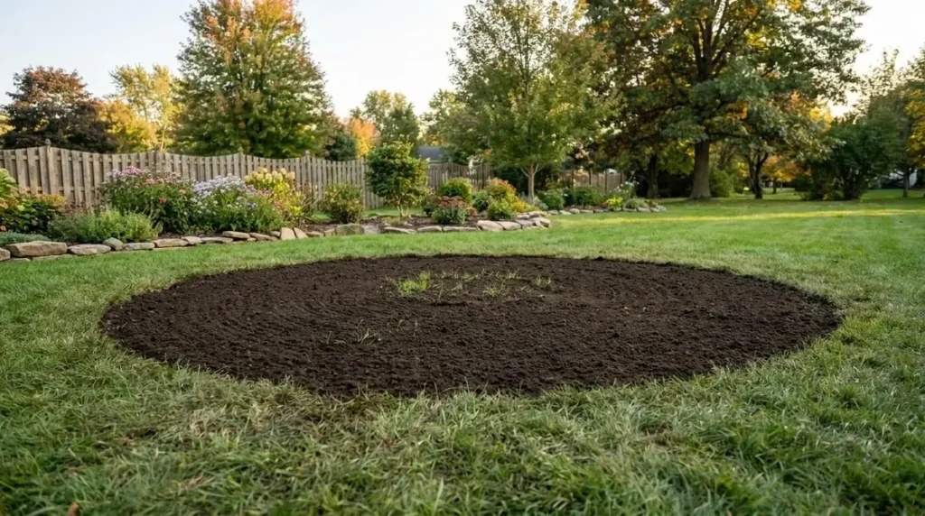 Freshly mulched circular planting bed in a lawn