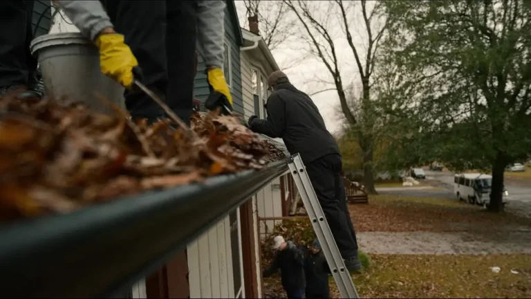 Crew member clearing wet leaves from a gutter by hand