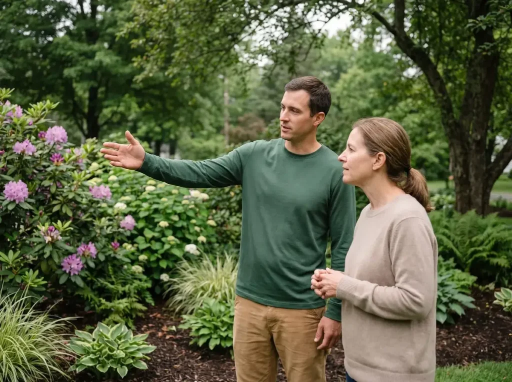 Landscaper walking a garden with a homeowner