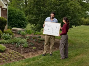 Crew reviewing a landscape design plan on site
