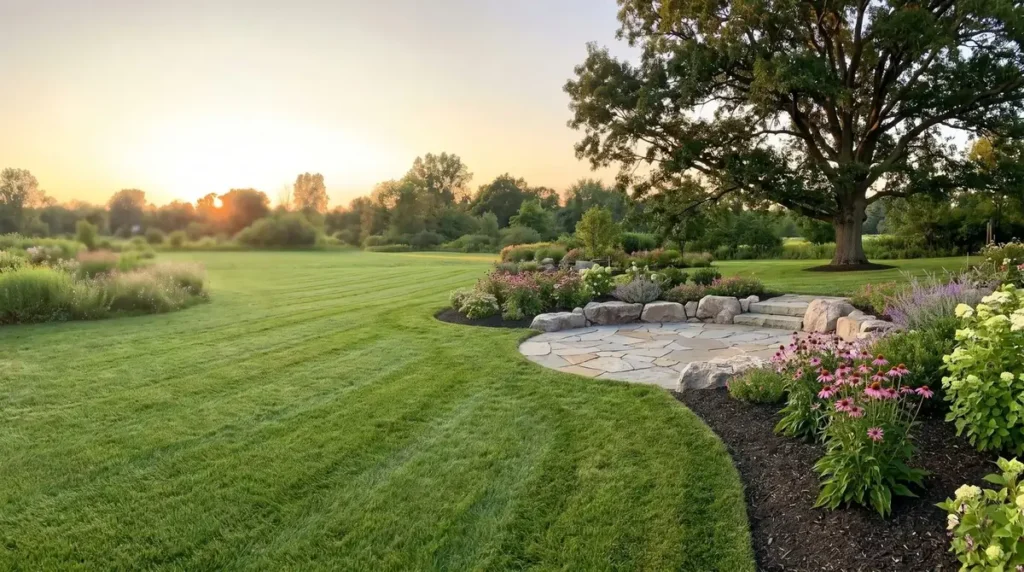 Manicured lawn and planted borders at sunrise