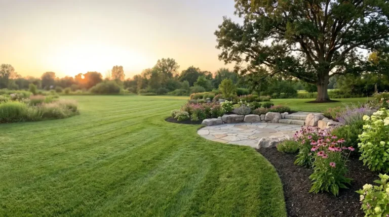 Lawn and borders at sunrise