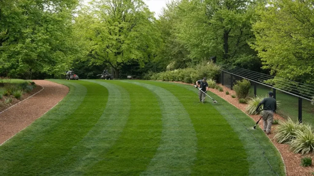 Striped lawn being trimmed and maintained on a large property