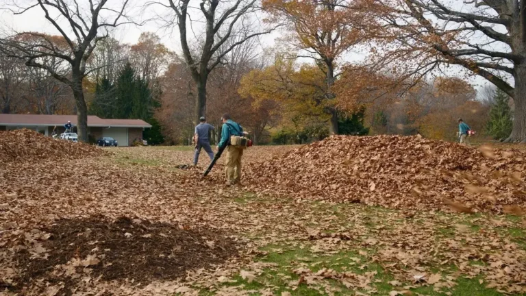 Backpack blower moving a deep leaf drop into a windrow