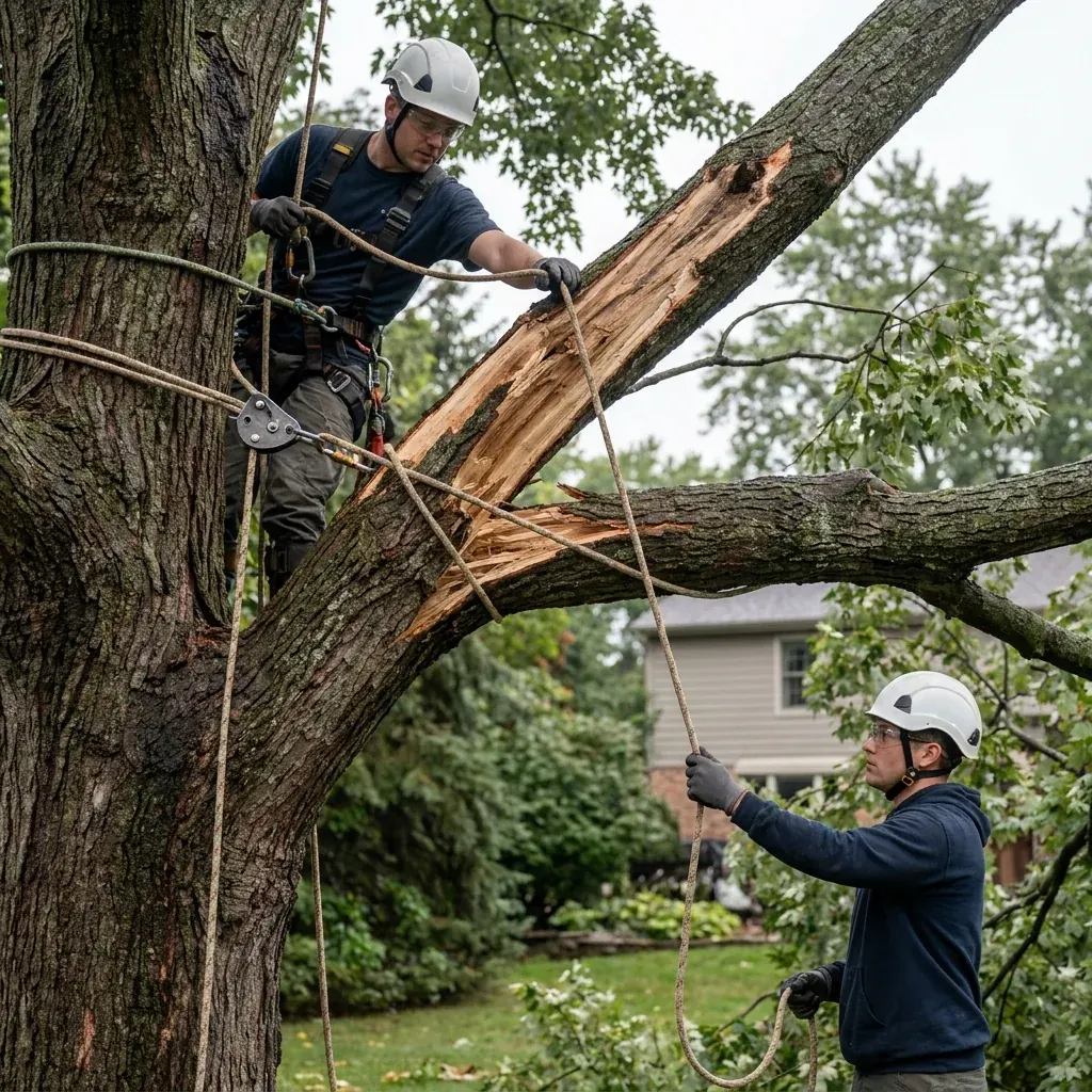 Professional rigging, helmets, eye protection and clearly controlled work zone in Western New York