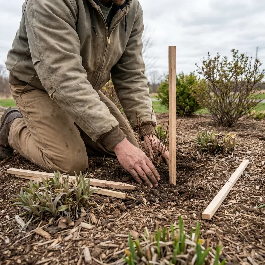 Designer placing plants by mature size and bloom sequence using a printed plan in Western New York