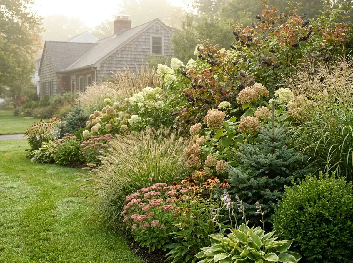 Layered four-season garden designed for a Western New York home with perennials, ornamental grasses and shrubs