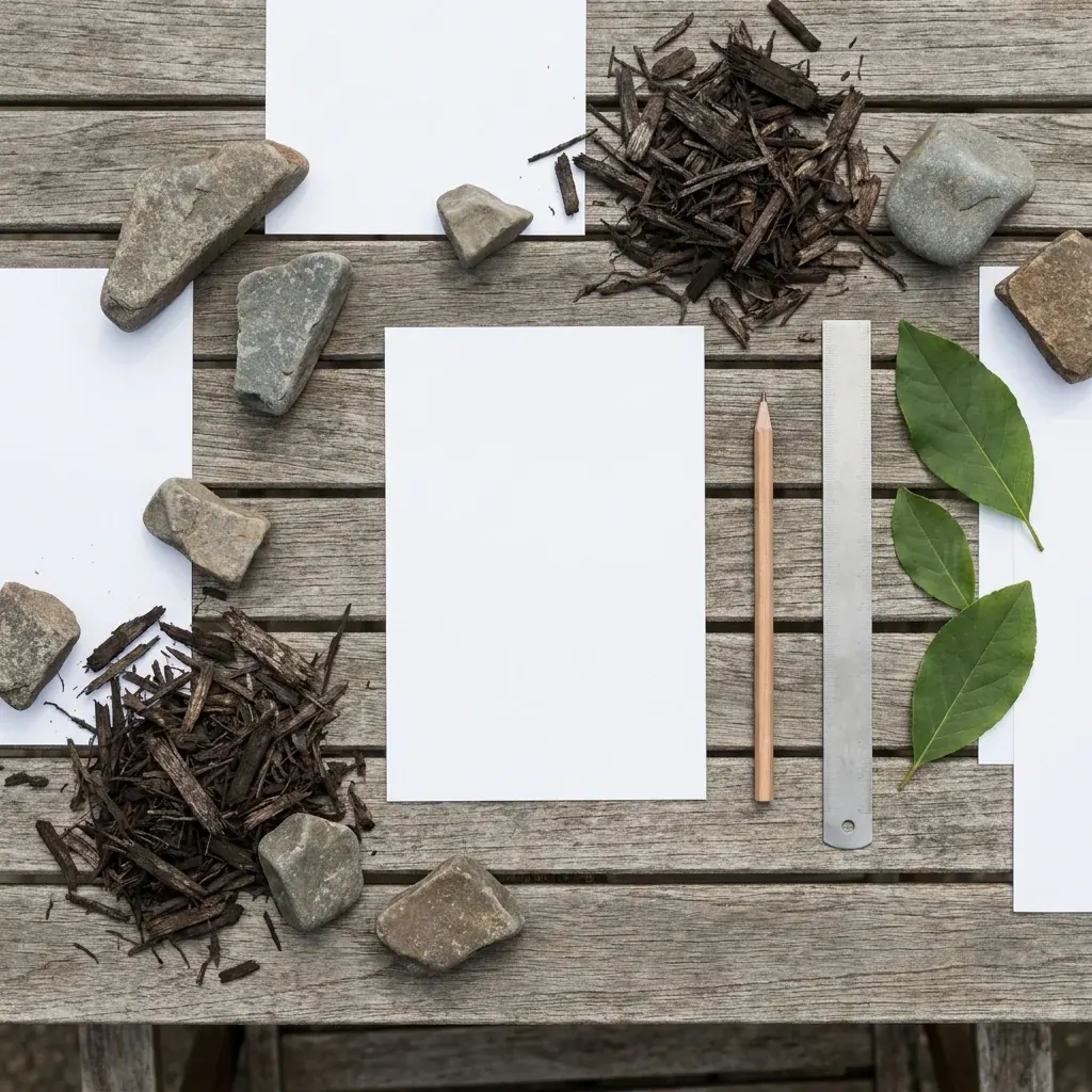 Overhead detail of a planting plan, material samples and tape measure on a clean outdoor table in Western New York