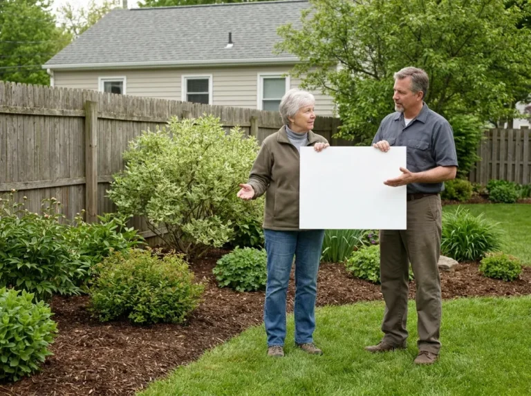 Landscape designer reviewing a scaled site plan with a homeowner outdoors beside the property in Western New York