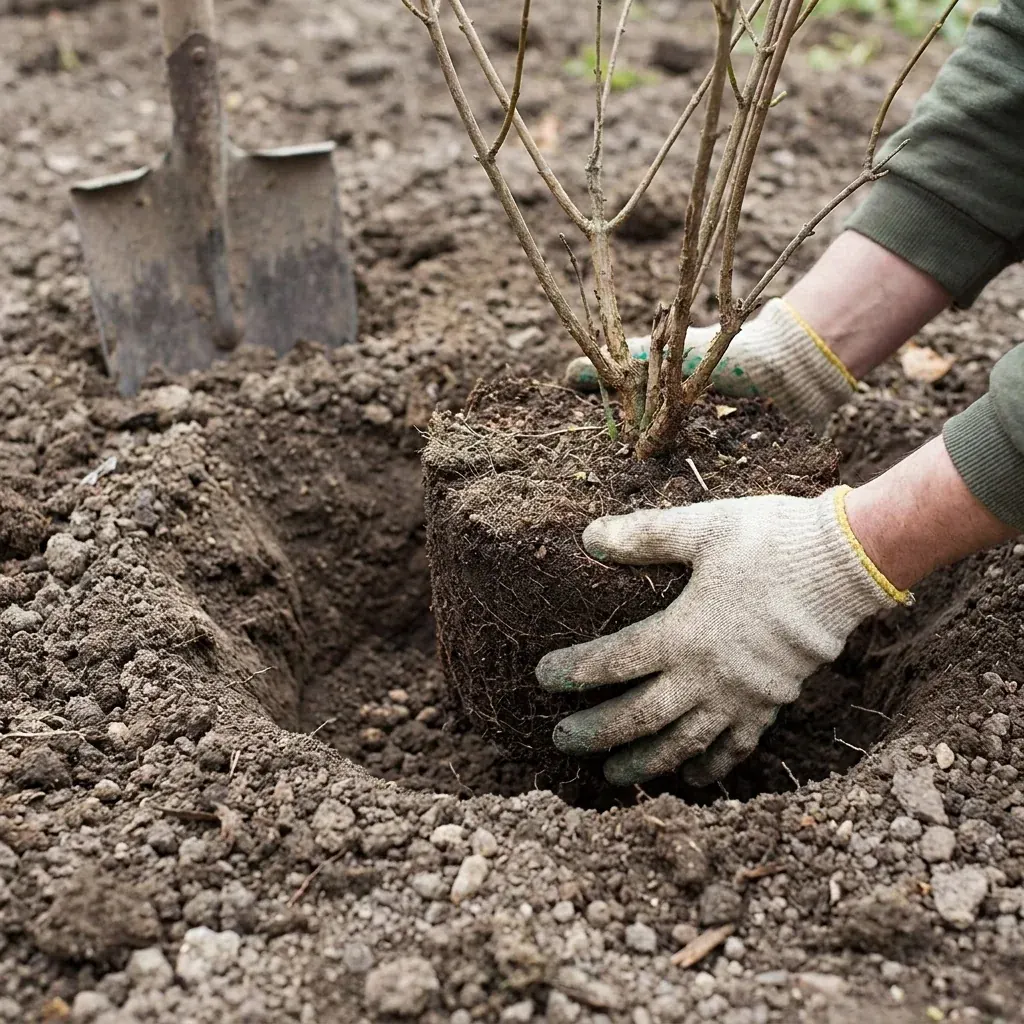 Accurate planting detail showing correct hole depth, root flare and amended native soil in Western New York