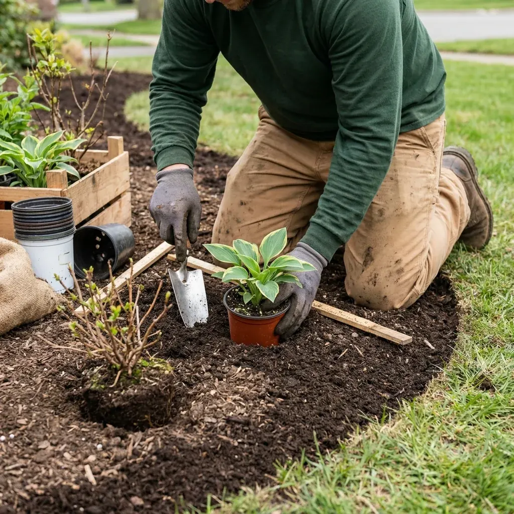 Professional shaping a mixed perennial and shrub bed using measured spacing in Western New York
