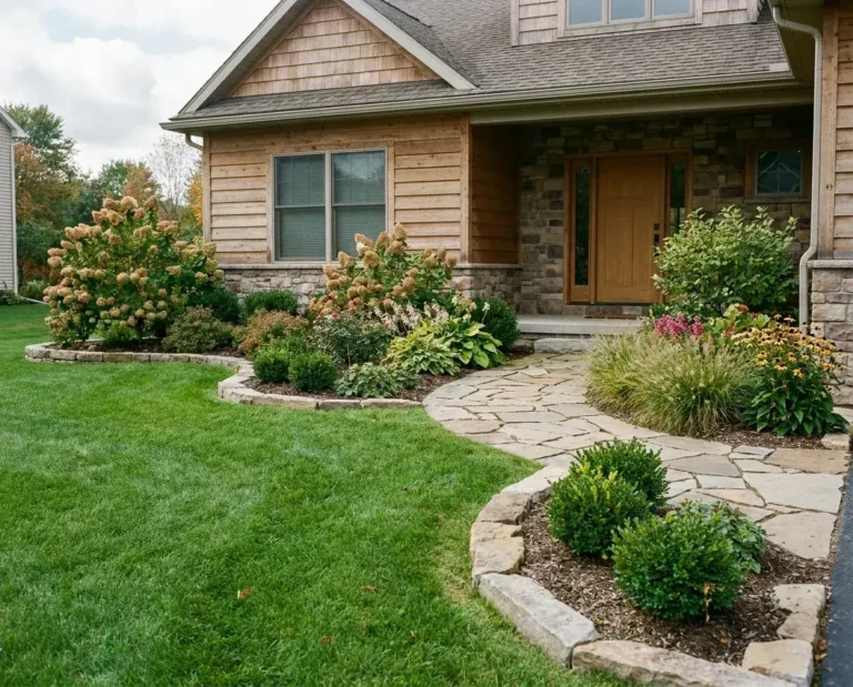 Completed full-property landscape composition with lawn, layered planting beds, stone edging and a welcoming entry in Western New York