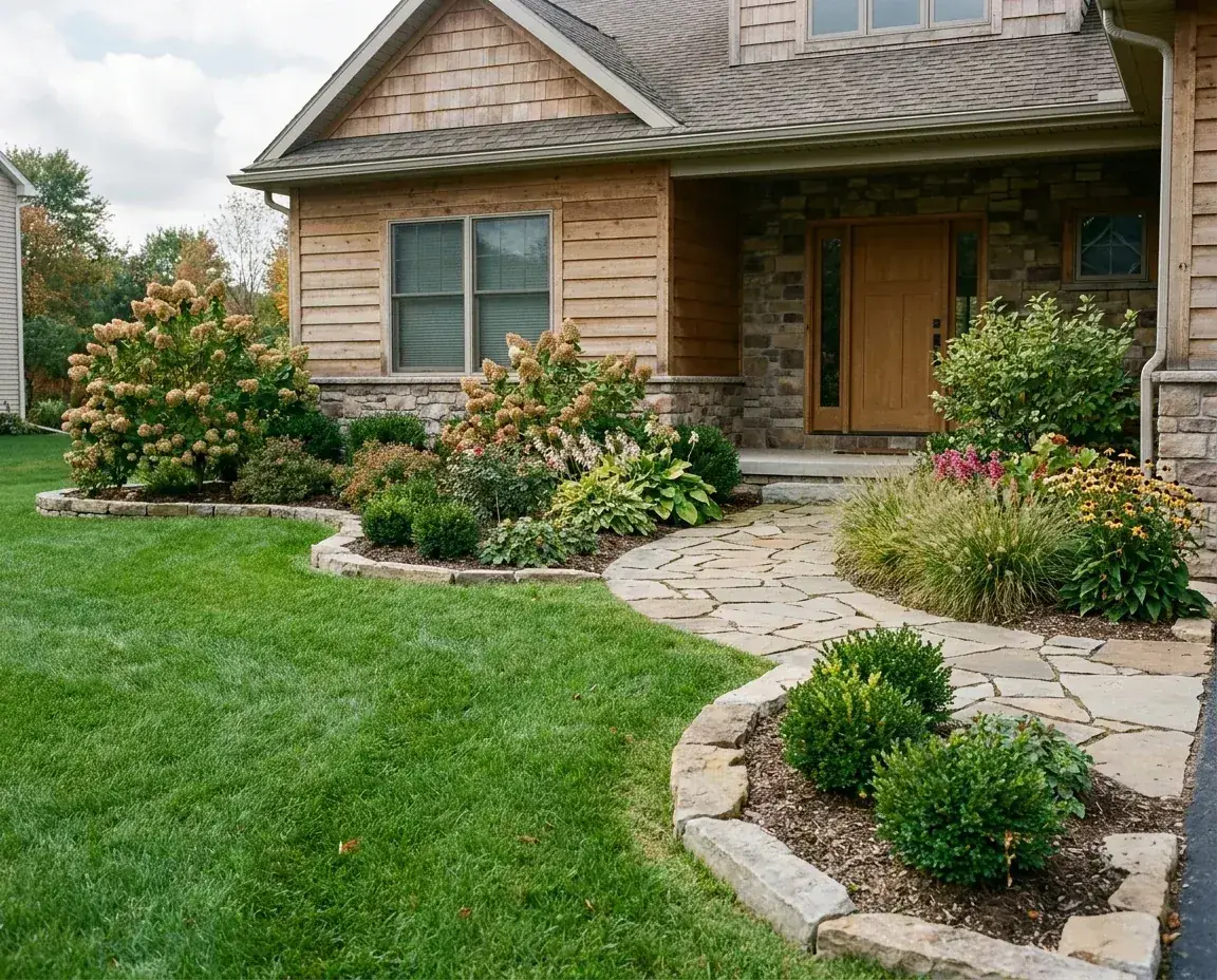 Completed full-property landscape composition with lawn, layered planting beds, stone edging and a welcoming entry in Western New York