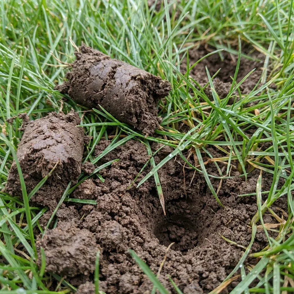 Ground-level detail of clean soil cores and aeration holes among realistic grass blades in Western New York