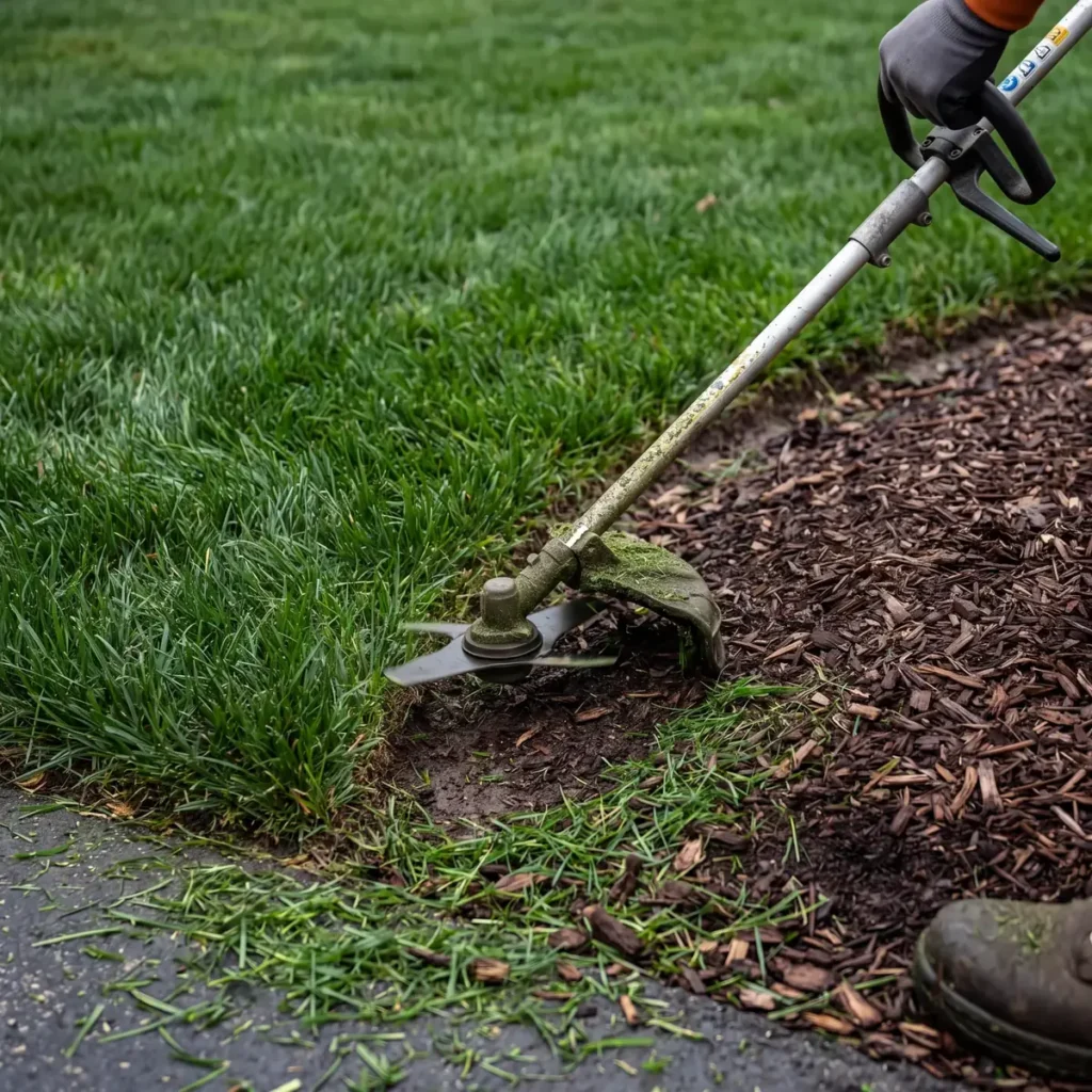 Close working detail of mower lines meeting a clean garden edge, realistic clippings and turf texture in Western New York