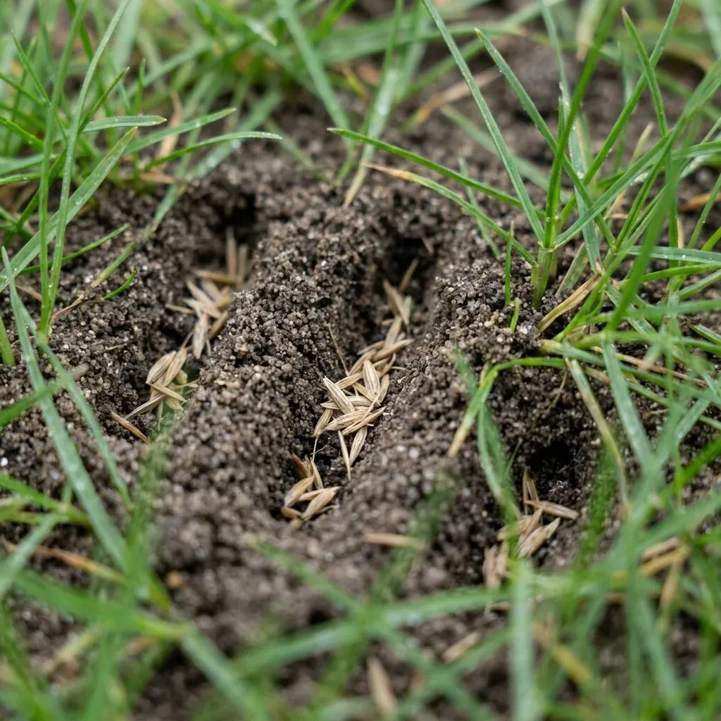 Close detail of grass seed settling into aeration holes and thin turf areas in Western New York