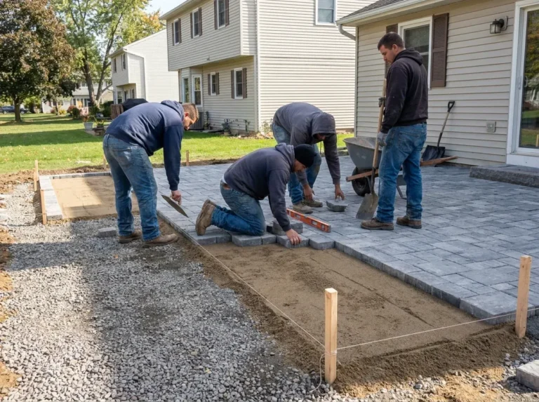 Crew installing a professionally graded backyard patio with compacted base and precise layout in Western New York