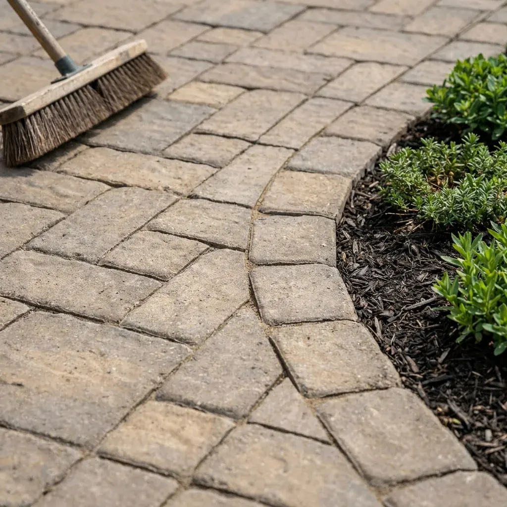 Close detail of polymeric sand joints and a neat curved border in Western New York