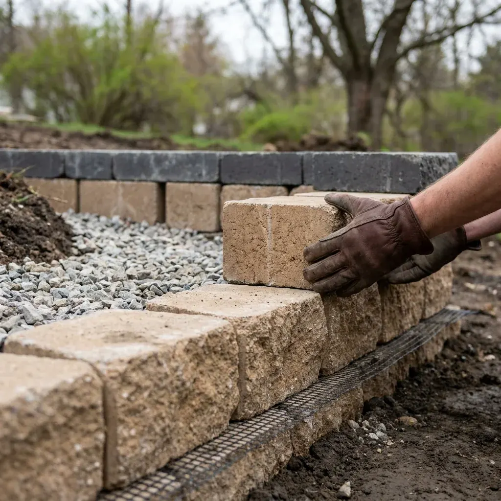 Close detail of level block courses, cap alignment and drainage stone in Western New York