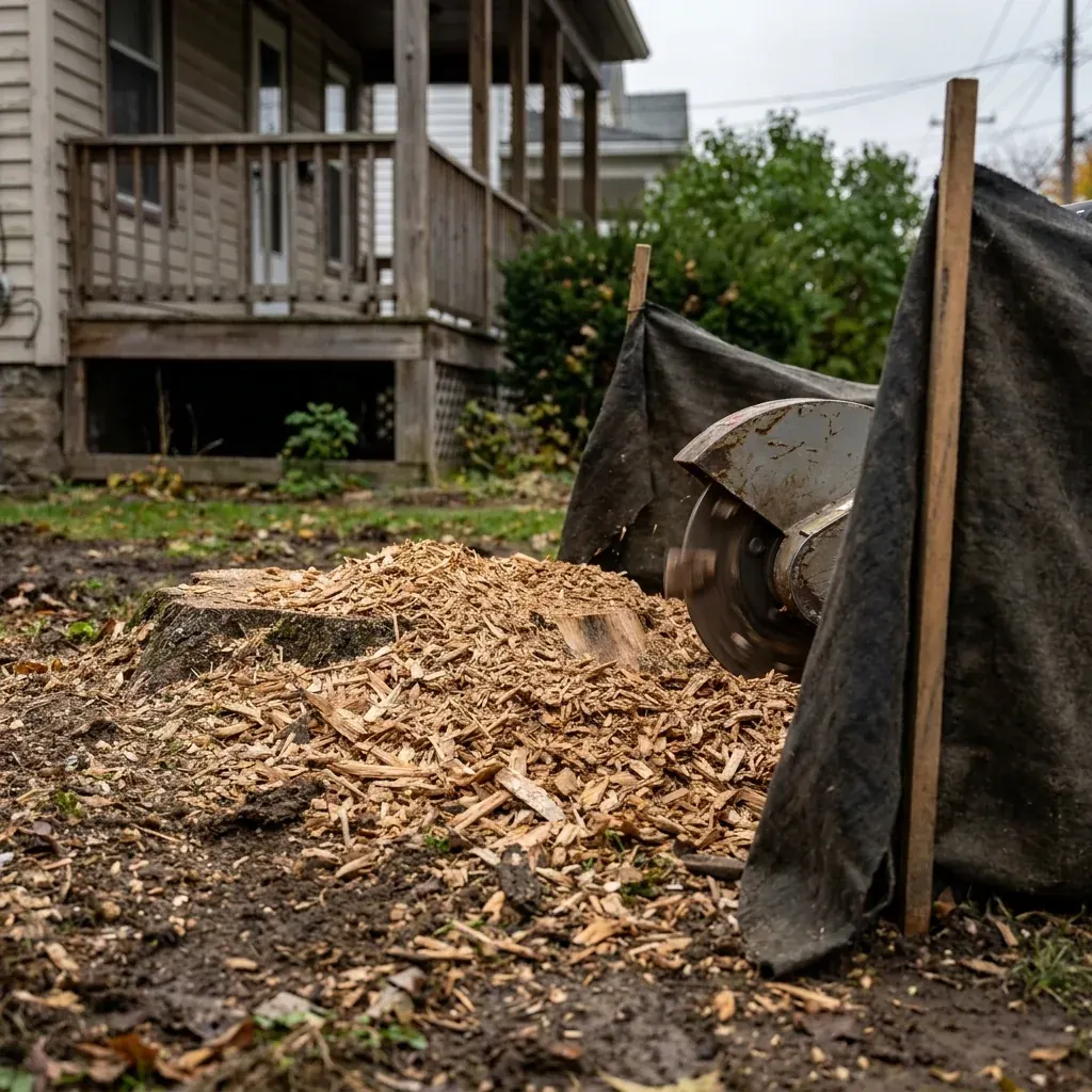 Ground-level detail of controlled wood chips and protective barriers around the work zone in Western New York