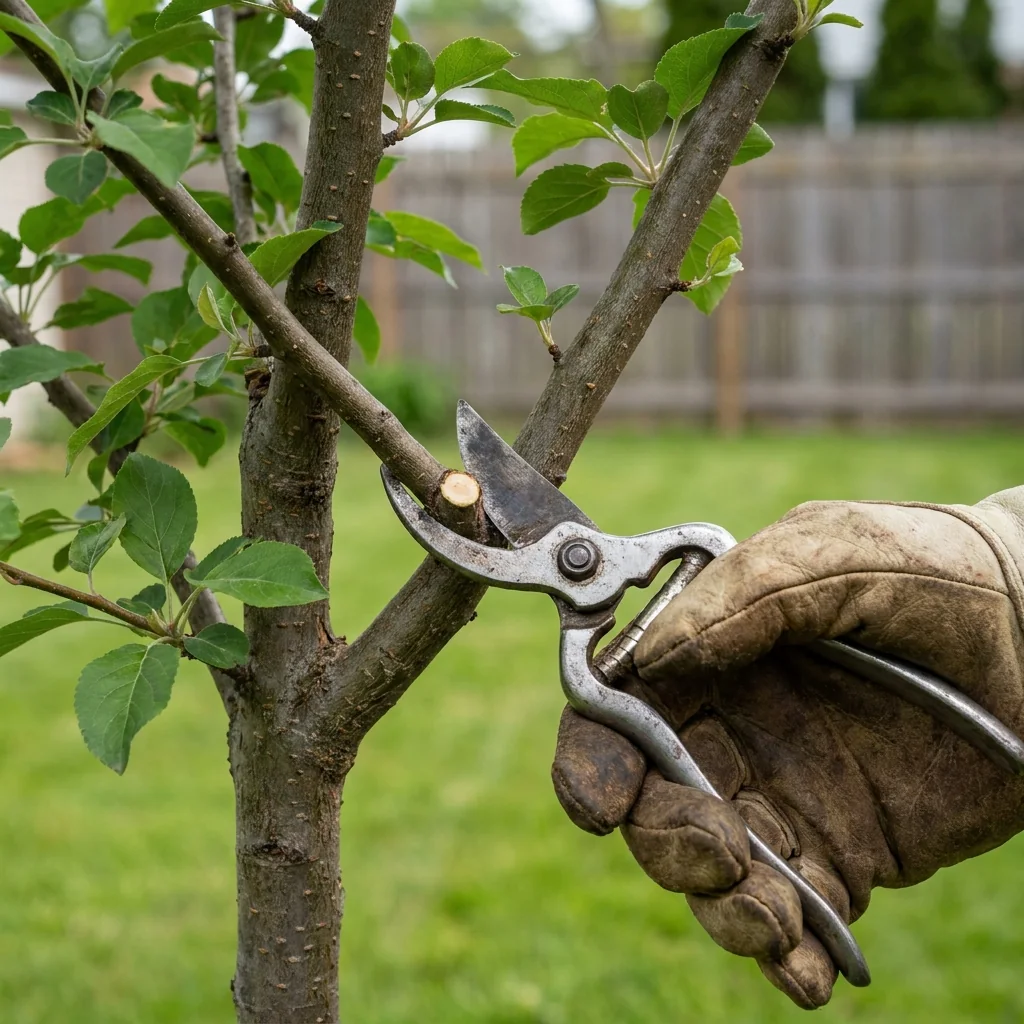 Close detail of clean hand-pruner technique on a small crossing branch in Western New York