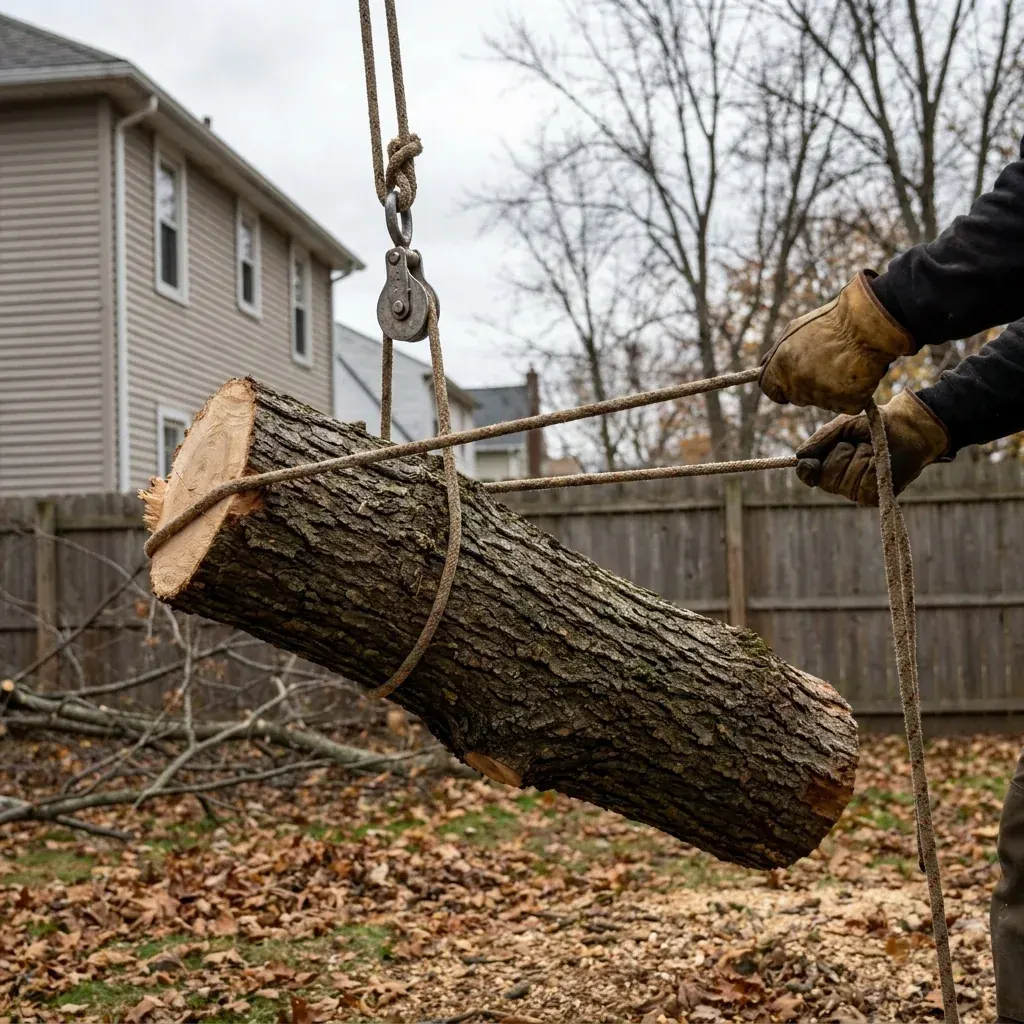 Close operational detail of a controlled limb being lowered away from a home in Western New York