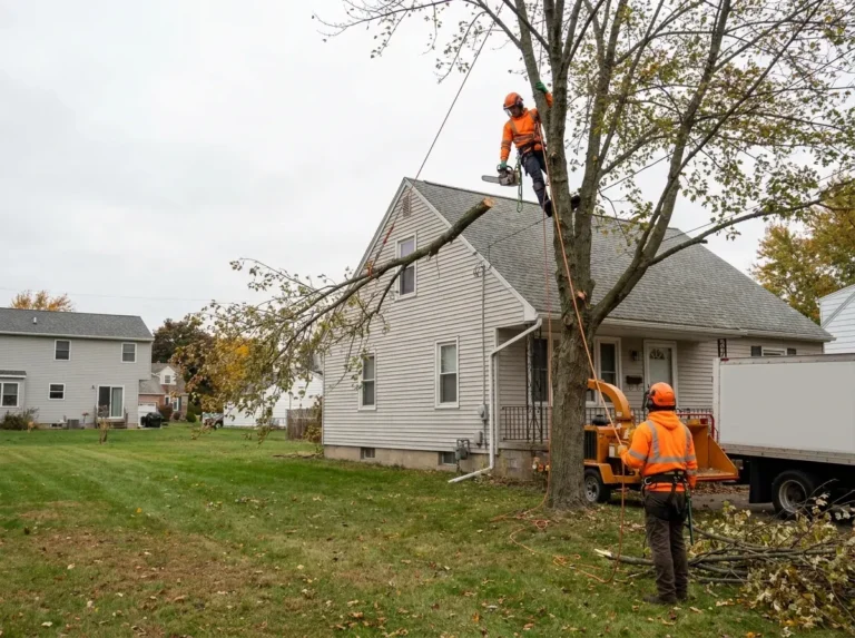 Certified-looking professional tree crew safely removing a compromised medium tree using ropes and sectional rigging in Western New York
