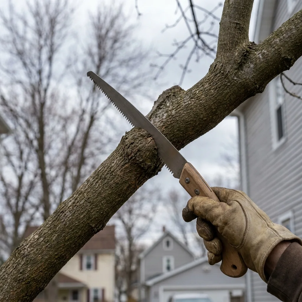 Telephoto detail of a proper pruning cut just outside the branch collar in Western New York