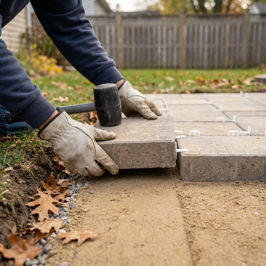 Installer setting individual pavers to correct grade and consistent spacing in Western New York