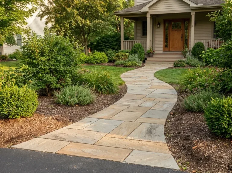 Gently curved stone walkway leading through a landscaped Western New York front yard