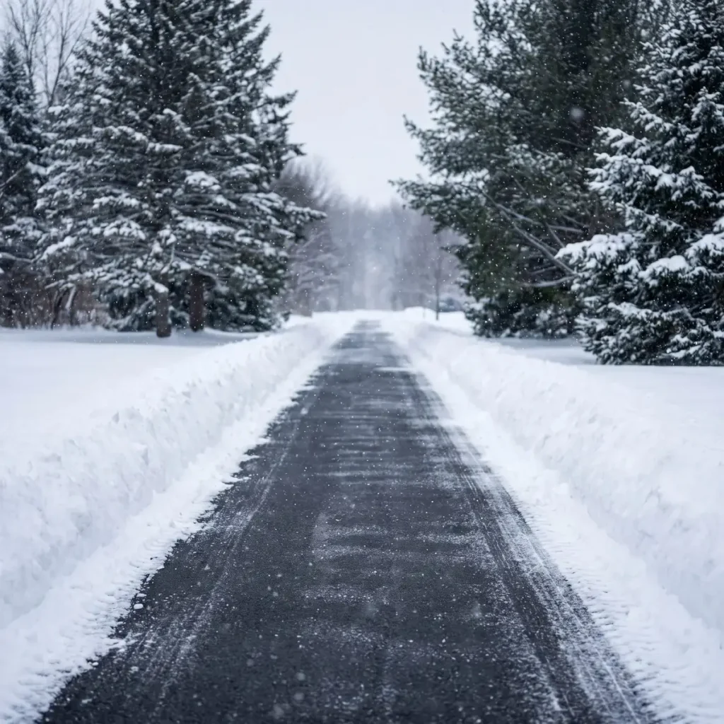 Cleared driveway between snow banks after plowing