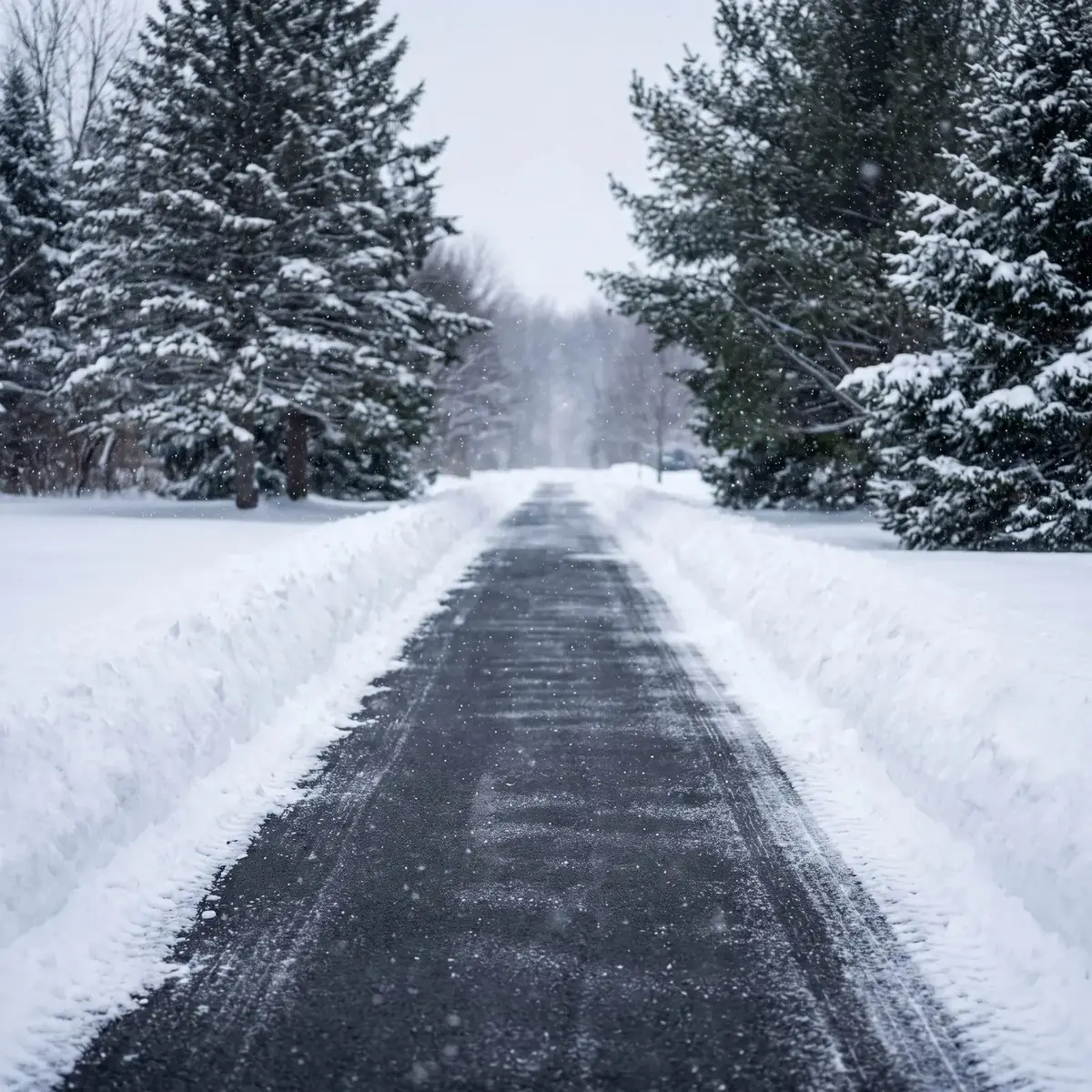 Cleared driveway between snow banks after plowing