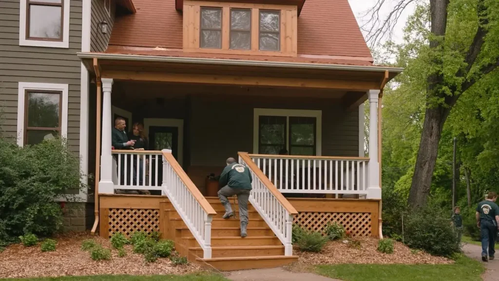 Newly rebuilt front porch with timber steps and railings