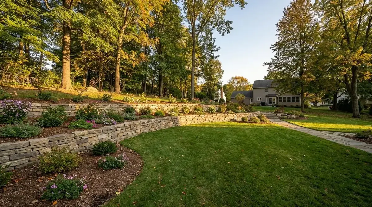 Stone retaining wall holding a graded lawn