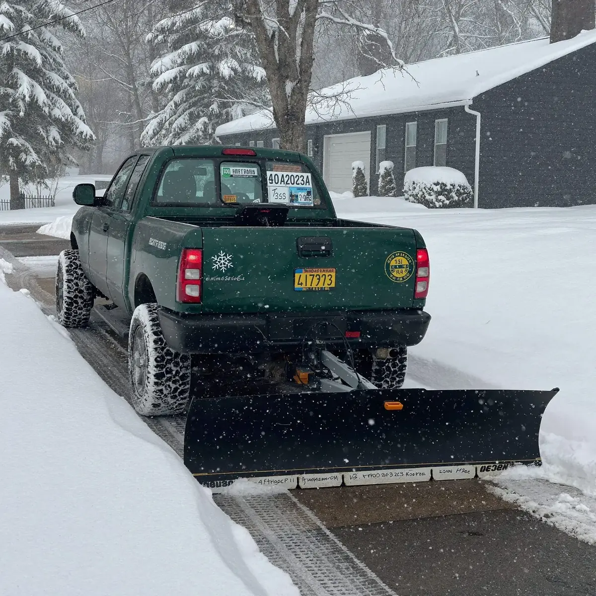 Snow plow truck clearing a residential driveway in winter